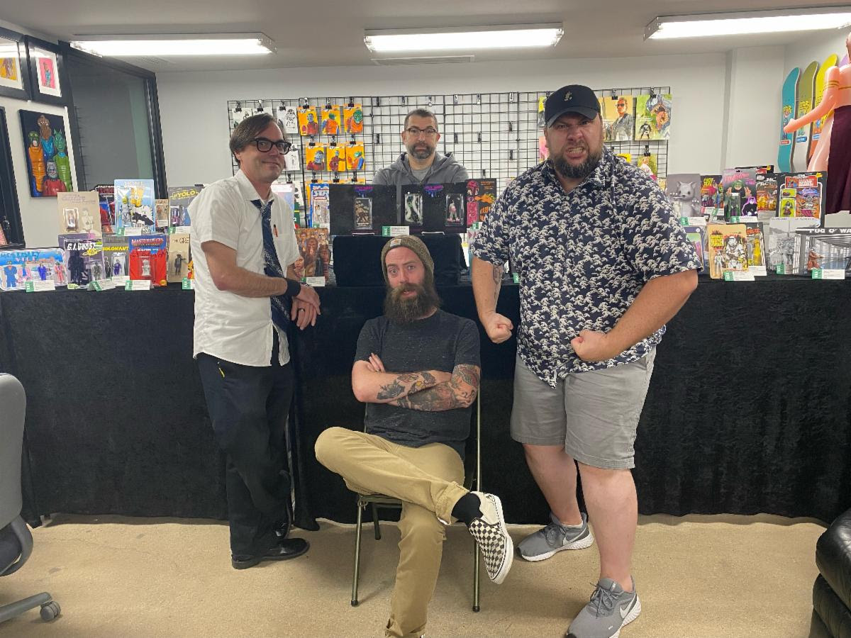 Barbarian Rage, Dov, Ian and Janky presenting the DKE Toys Booth SDCC 2021. Photo: Janky Toys.